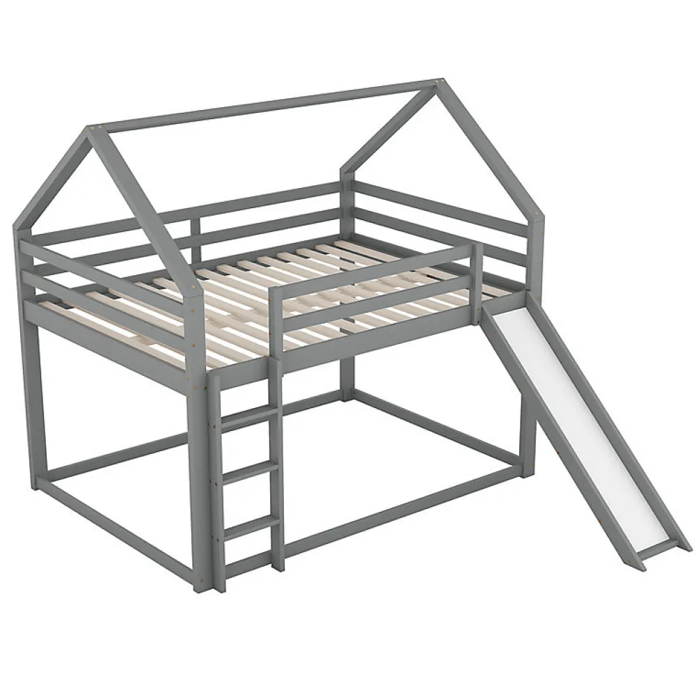 Lit superpose enfant 140x200 cm gris avec toboggan echelle et design cabane pour chambre enfant>Aapaas New