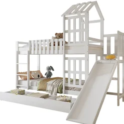 Lit superpose enfant 90x200 grand tiroir roulettes toboggan toit fenetres decoratifs pin MDF contreplaque blanc>Redom Best
