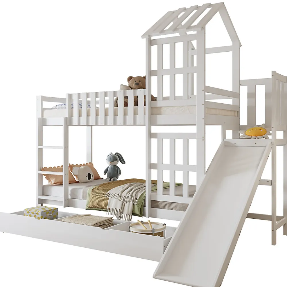 Lit superpose enfant 90x200 grand tiroir roulettes toboggan toit fenetres decoratifs pin MDF contreplaque blanc>Redom Best