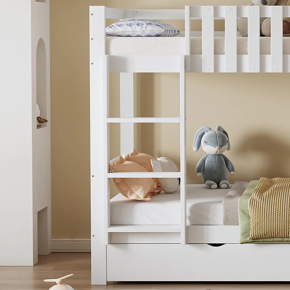 Lit superpose enfant 90x200 grand tiroir roulettes toboggan toit fenetres decoratifs pin MDF contreplaque blanc>Redom Best
