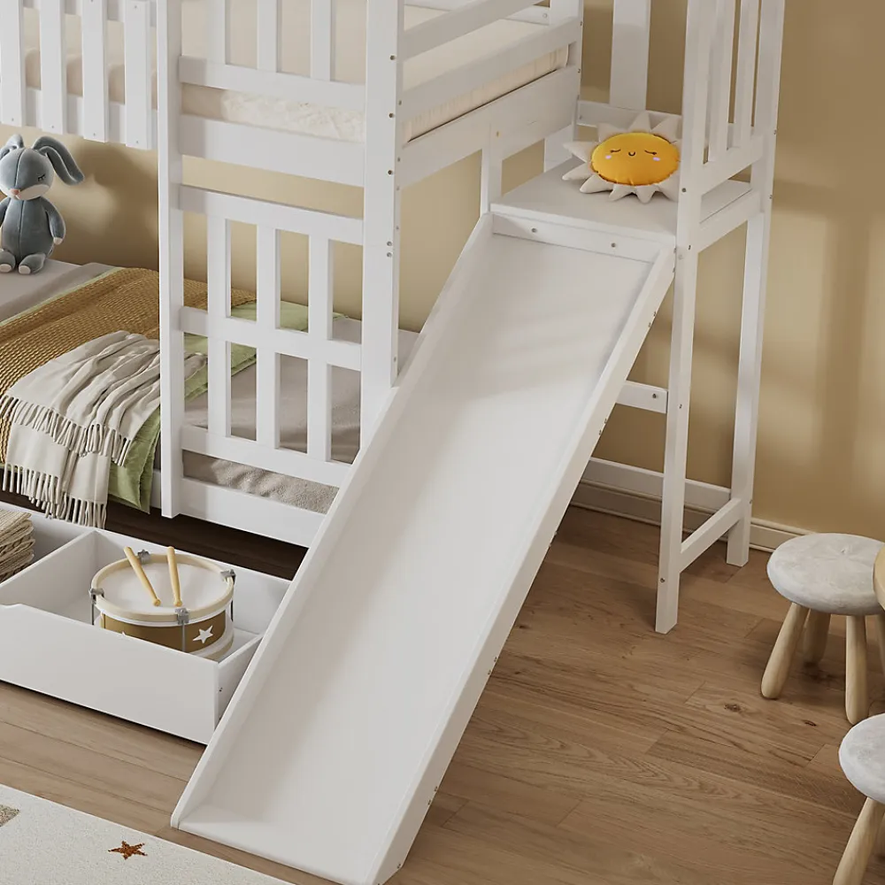 Lit superpose enfant 90x200 grand tiroir roulettes toboggan toit fenetres decoratifs pin MDF contreplaque blanc>Redom Best