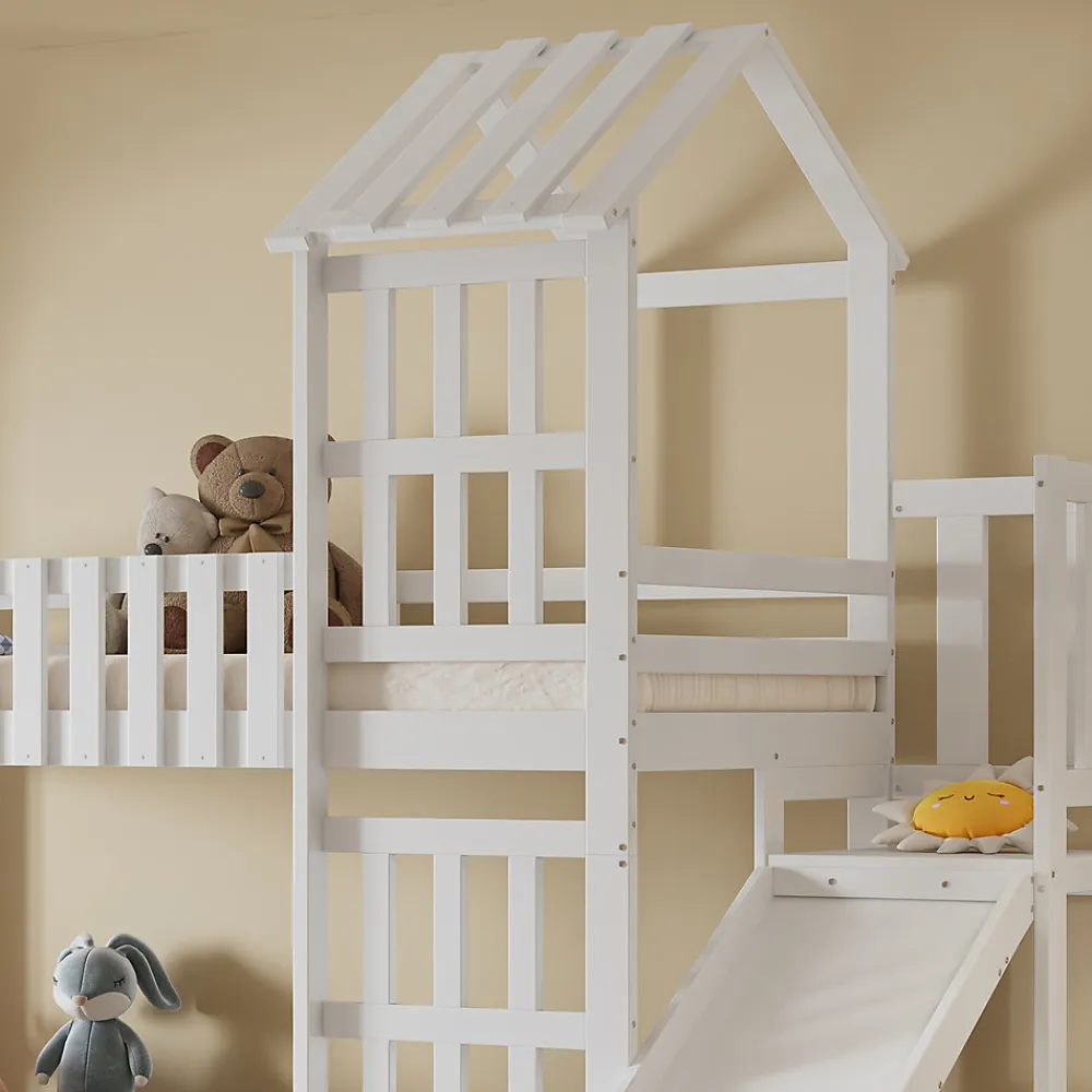 Lit superpose enfant 90x200 grand tiroir roulettes toboggan toit fenetres decoratifs pin MDF contreplaque blanc>Redom Best