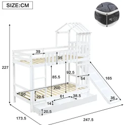 Lit superpose enfant 90x200 grand tiroir roulettes toboggan toit fenetres decoratifs pin MDF contreplaque blanc><noscript><img width=
