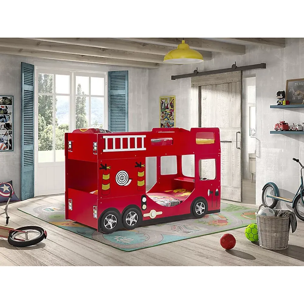 Petits-Meubles Lit superpose 90x200 Camion de pompier sommier inclus Vipack Car Beds - Rouge*Enfant Lit Enfant