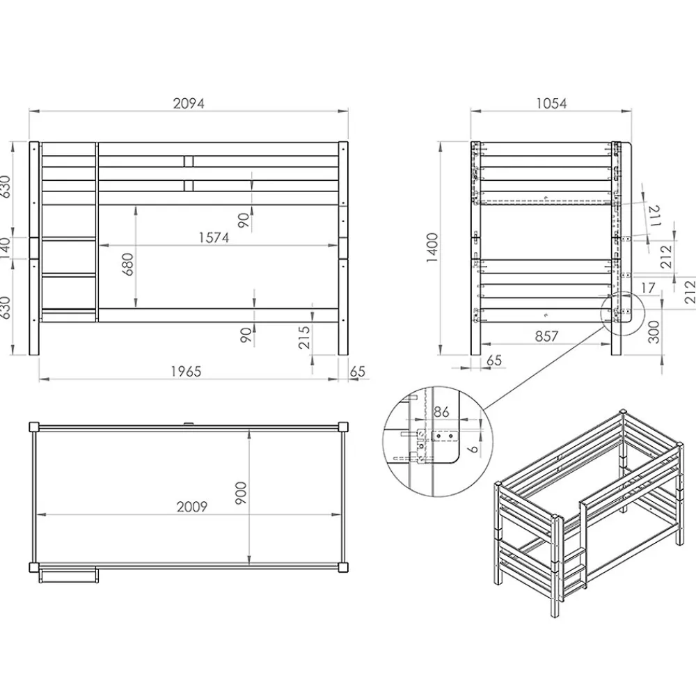 Lit Superpose 90x200 Hauteur 140 cm Sommier Inclus Vipack Pino - Bois>Petits-Meubles