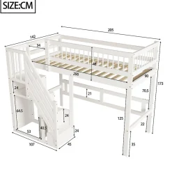 Lit surélevé 90x200 cm bois massif blanc, escalier + armoire intégrée, lit simple pour enfants et ados><noscript><img width=