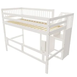 Lit surélevé 90x200 cm bois massif blanc, escalier + armoire intégrée, lit simple pour enfants et ados><noscript><img width=
