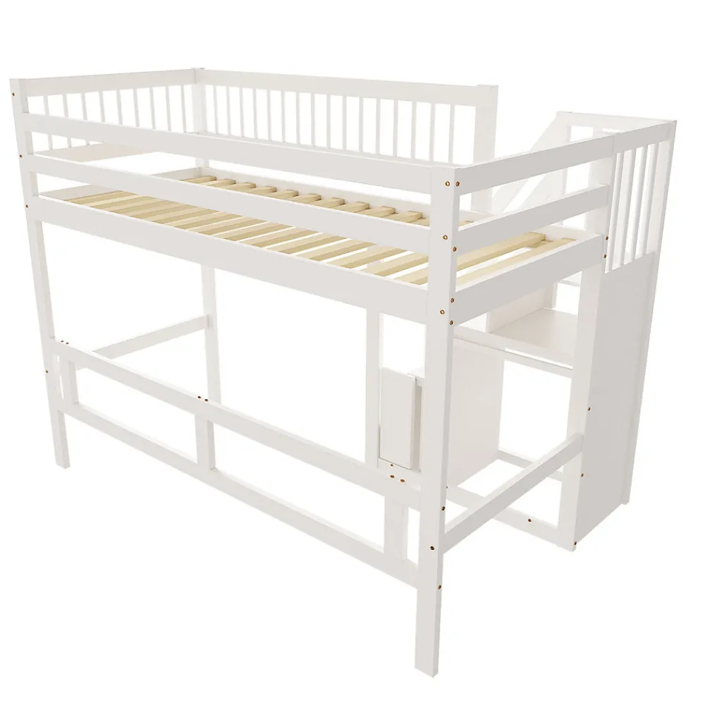 Lit surélevé 90x200 cm bois massif blanc, escalier + armoire intégrée, lit simple pour enfants et ados>ProximaX Clearance