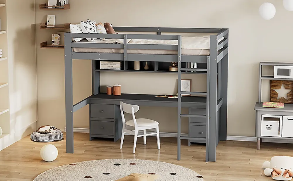 Fortuna lai Lit surélevé 90x200cm, avec bureau et grand rangement, Gris*Enfant Lit Enfant