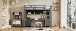 Fortuna lai Lit surélevé 90x200cm, avec bureau et grand rangement, Gris*Enfant Lit Enfant