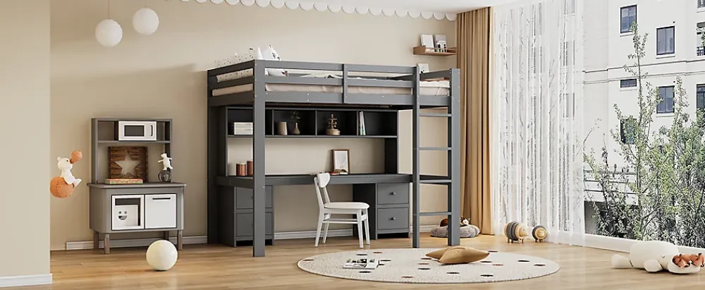 Fortuna lai Lit surélevé 90x200cm, avec bureau et grand rangement, Gris*Enfant Lit Enfant