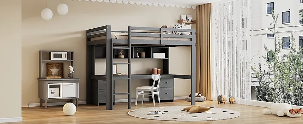 Fortuna lai Lit surélevé 90x200cm, avec bureau et grand rangement, Gris*Enfant Lit Enfant