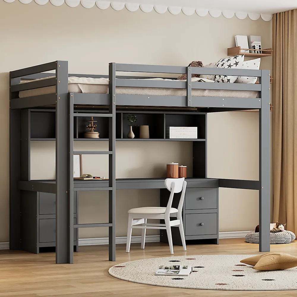 Fortuna lai Lit surélevé 90x200cm, avec bureau et grand rangement, Gris*Enfant Lit Enfant
