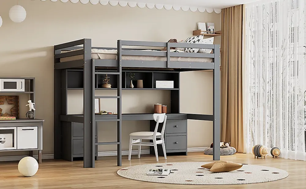 Fortuna lai Lit surélevé 90x200cm, avec bureau et grand rangement, Gris*Enfant Lit Enfant