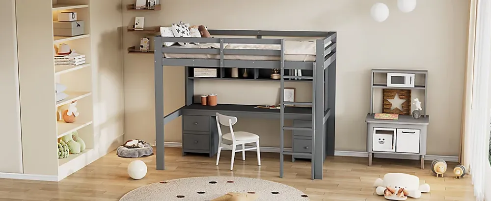 Fortuna lai Lit surélevé 90x200cm, avec bureau et grand rangement, Gris*Enfant Lit Enfant