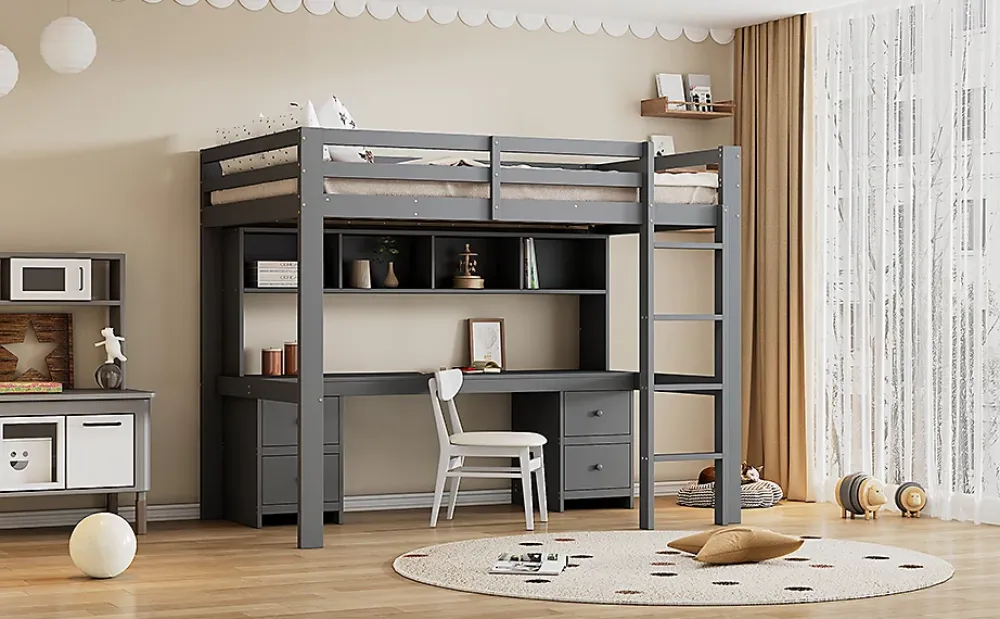 Fortuna lai Lit surélevé 90x200cm, avec bureau et grand rangement, Gris*Enfant Lit Enfant