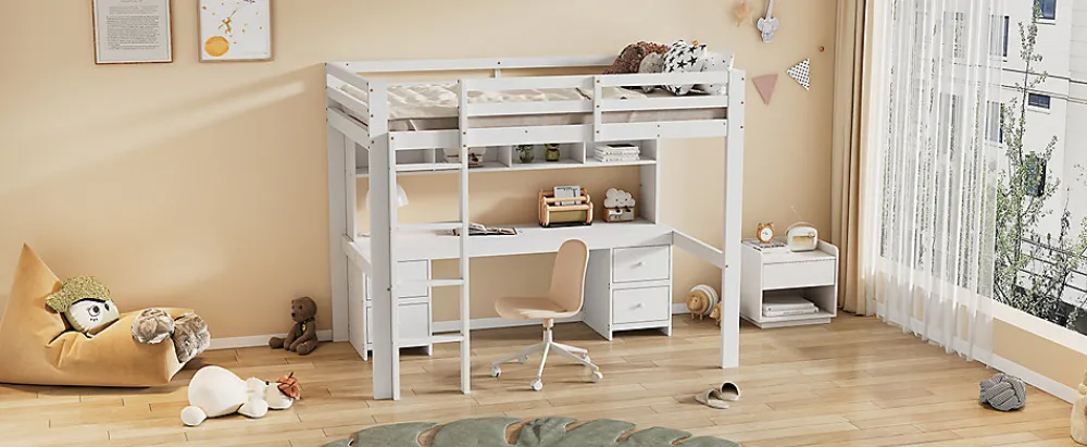 Lit surélevé 90x200cm, avec bureau et grand rangement, Blanc>Fortuna lai Discount