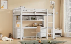 Lit surélevé 90x200cm, avec bureau et grand rangement, Blanc><noscript><img width=