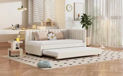 Redom Lit tapissé 90 par 200 cm canapé-lit extensible lit multifonction avec sommier lits invités tissu velours beige* Sommier