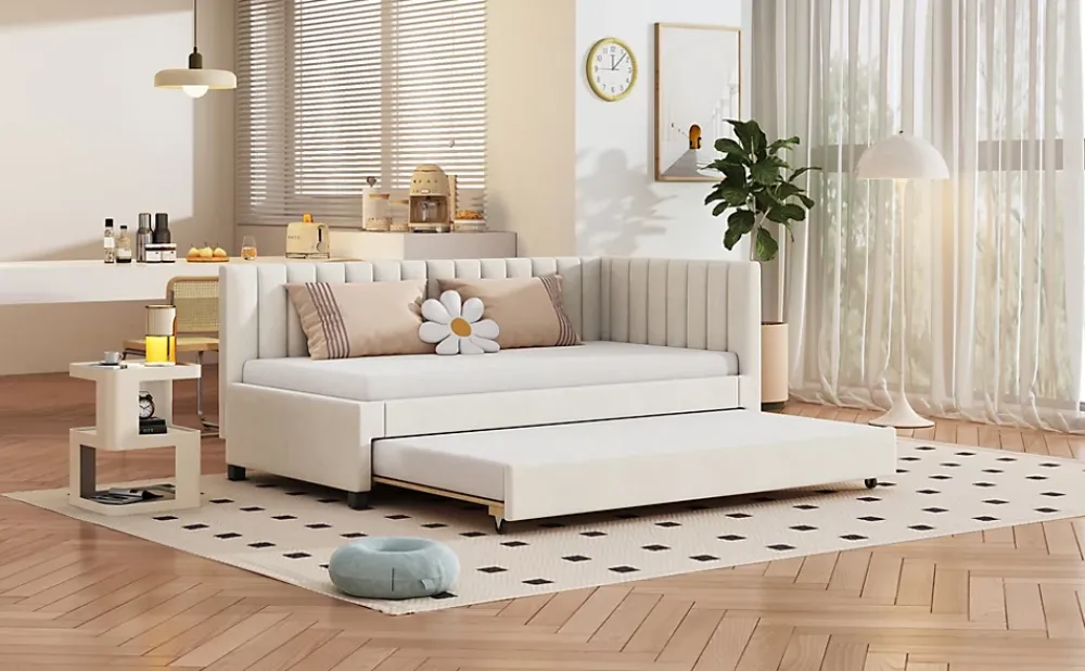 Redom Lit tapissé 90 par 200 cm canapé-lit extensible lit multifonction avec sommier lits invités tissu velours beige* Sommier