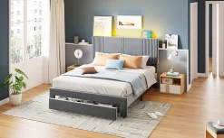 Lit tapissé 140 par 200 cm lit double LED USB dossier tiroir velours gris adultes et adolescents><noscript><img width=