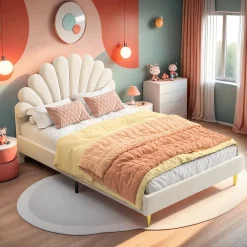 Lit tapissé de velours, 140x200 cm, lit double, lit en forme de pétale, pieds en fer doré, sommier en bois, beige>ProximaX Hot