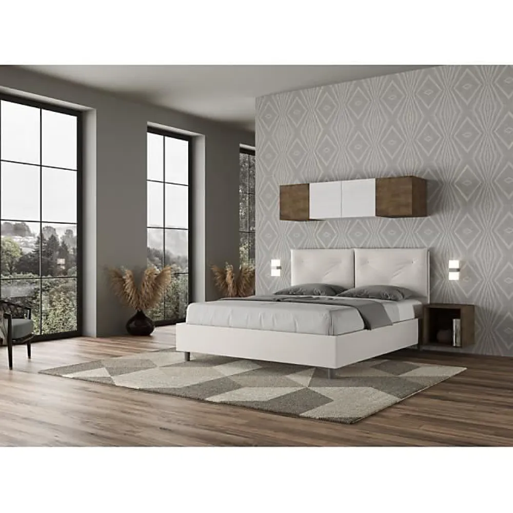 Ityhome Lit tapissé en simili cuir blanc Appia sans sommier 160x190* Lit Coffre