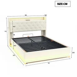 Redom Lit tapissé LED 140 par 200 cm USB rangement hydraulique tissu lin beige adultes et adolescents* Lit Avec Rangement