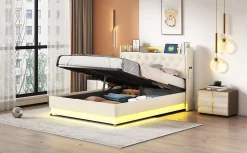 Redom Lit tapissé LED 140 par 200 cm USB rangement hydraulique tissu lin beige adultes et adolescents* Lit Avec Rangement