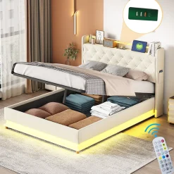 Redom Lit tapissé LED 140 par 200 cm USB rangement hydraulique tissu lin beige adultes et adolescents* Lit Avec Rangement