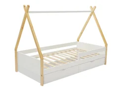 Lit tipi 90 x 190 cm avec tiroirs - Pin et MDF - Coloris : Blanc et naturel - LUANCO><noscript><img width=