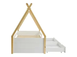 Lit tipi 90 x 190 cm avec tiroirs - Pin et MDF - Coloris : Blanc et naturel - LUANCO><noscript><img width=