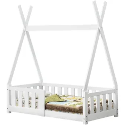 Lit Tipi pour Enfants Helsingborg avec Grille de Sécurité Pin 140 x 70 cm Blanc en.casa>[En.Casa]
