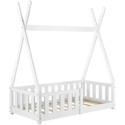 Lit Tipi pour Enfants Helsingborg avec Grille de Sécurité Pin 140 x 70 cm Blanc en.casa>[En.Casa]