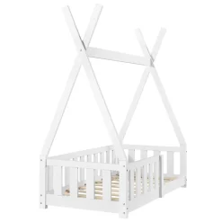 Lit Tipi pour Enfants Helsingborg avec Grille de Sécurité Pin 140 x 70 cm Blanc en.casa><noscript><img width=