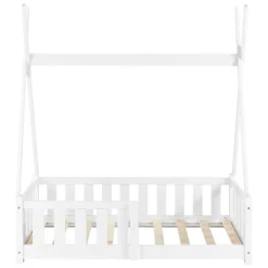 Lit Tipi pour Enfants Helsingborg avec Grille de Sécurité Pin 140 x 70 cm Blanc en.casa><noscript><img width=