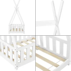 Lit Tipi pour Enfants Helsingborg avec Grille de Sécurité Pin 140 x 70 cm Blanc en.casa><noscript><img width=