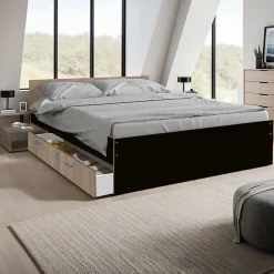 Lit TWIST 140x190+ 1 chevet + 1 tiroir / Décor Noir et chêne blanchi>Weber Industries Online