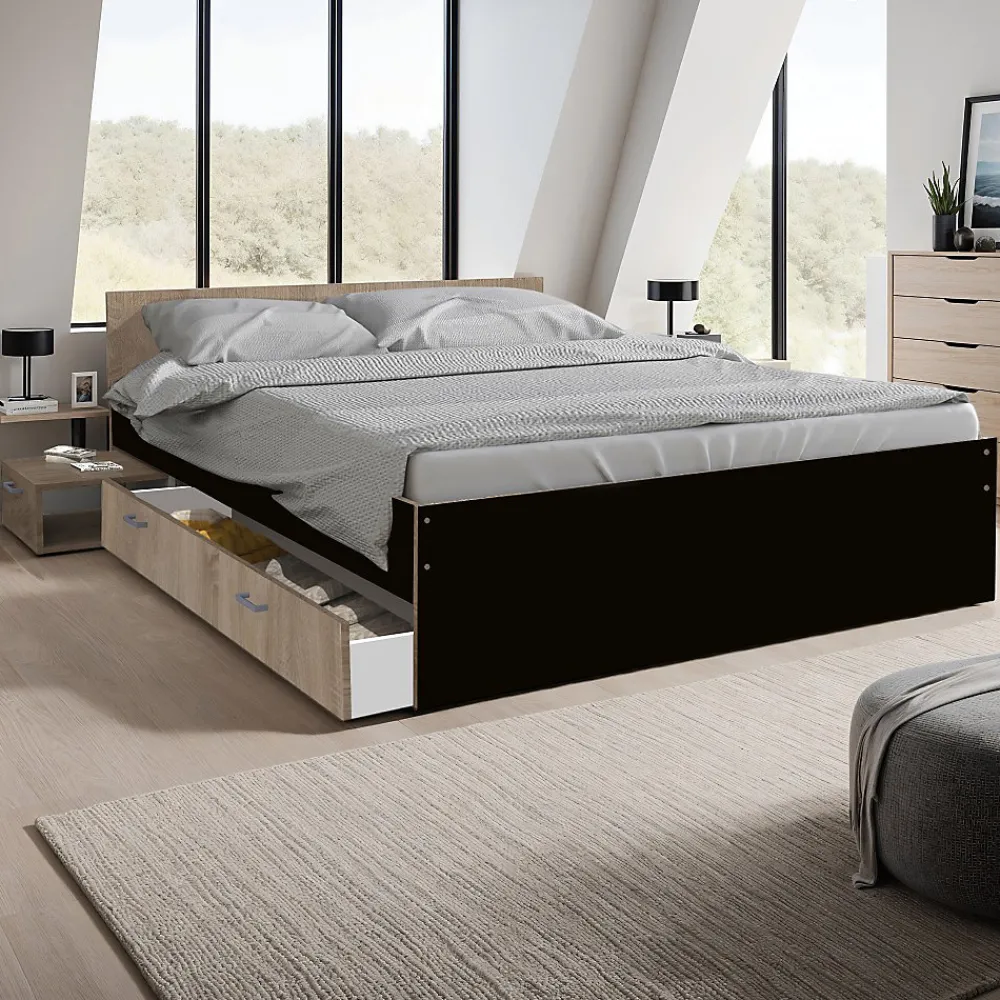 Lit TWIST 140x190+ 1 chevet + 1 tiroir / Décor Noir et chêne blanchi>Weber Industries Online