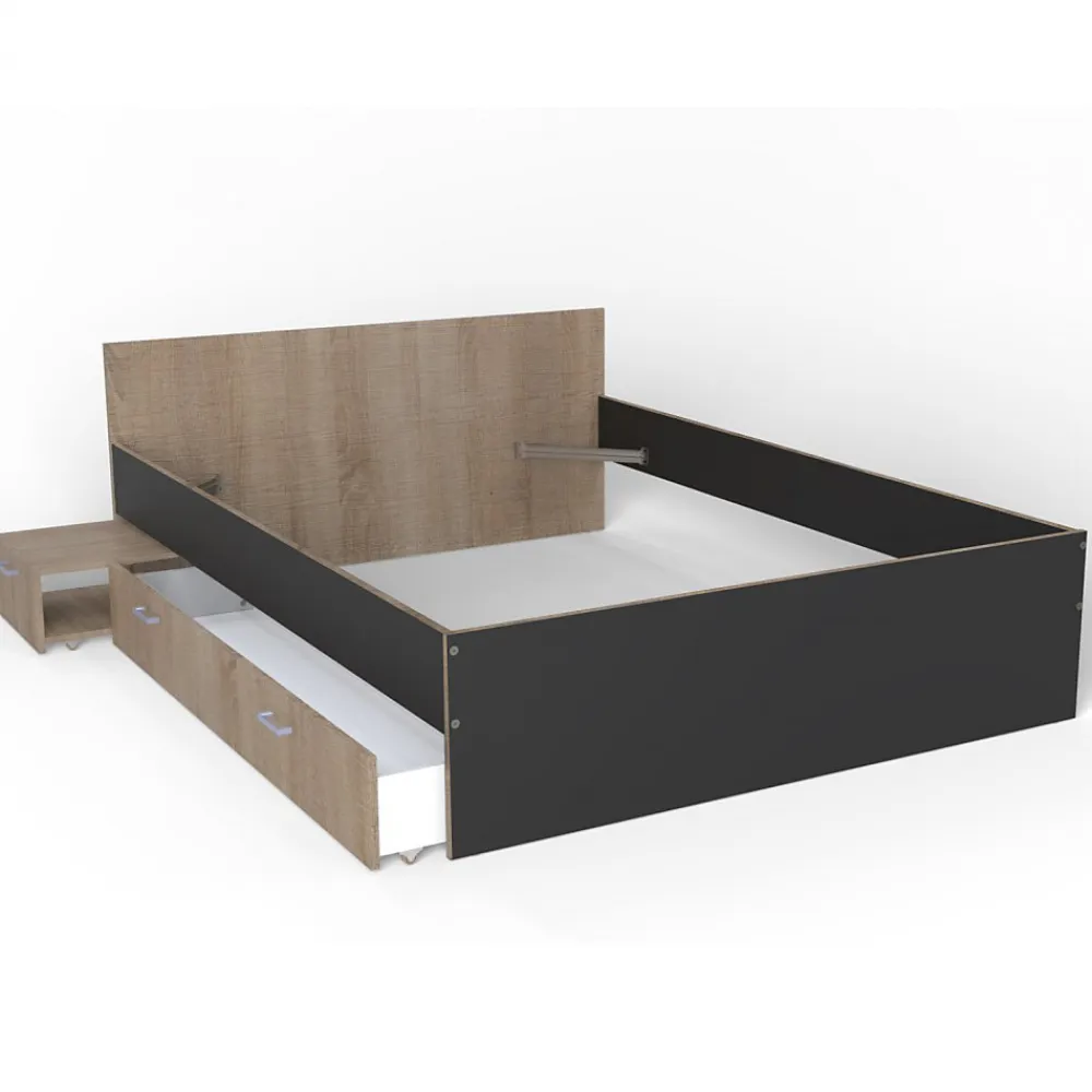 Lit TWIST 140x190+ 1 chevet + 1 tiroir / Décor Noir et chêne blanchi>Weber Industries Online