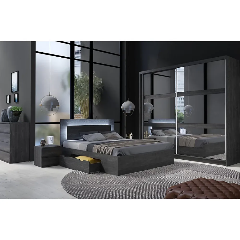 Meublorama Lit VELTIS 180x200 cm avec tete de lit LED Coloris frene noir Sommier et matelas non inclus* Lit Double