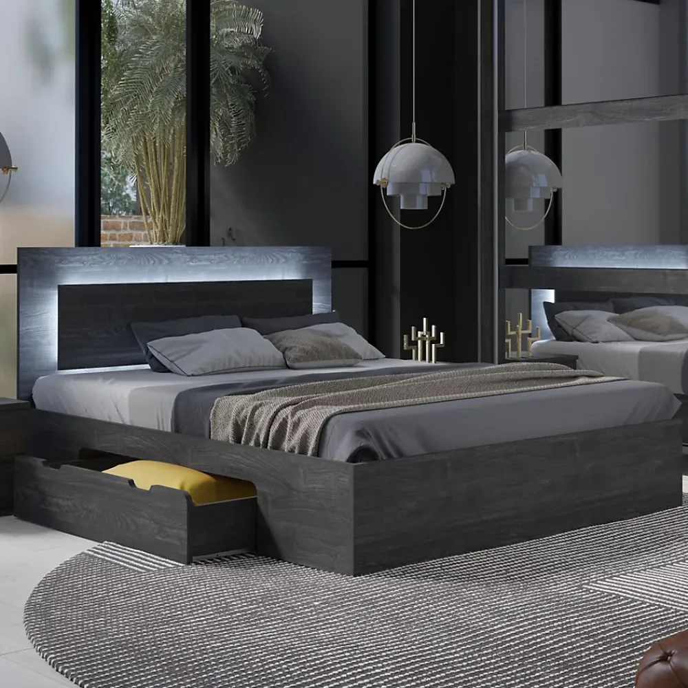 Meublorama Lit VELTIS 180x200 cm avec tete de lit LED Coloris frene noir Sommier et matelas non inclus* Lit Double