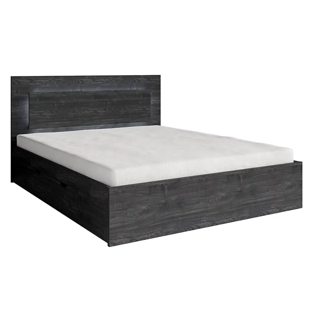 Meublorama Lit VELTIS 180x200 cm avec tete de lit LED Coloris frene noir Sommier et matelas non inclus* Lit Double