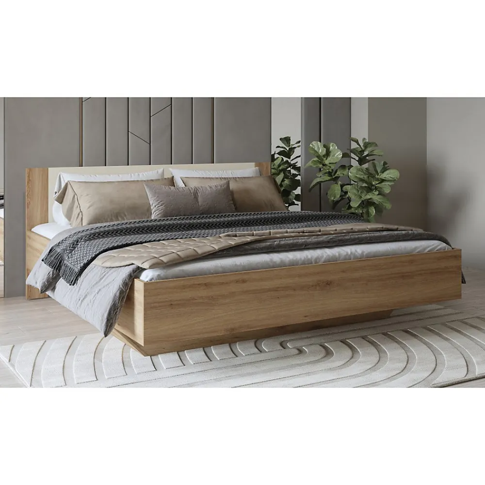 Lit VERTIGO 180x200 cm avec sommier inclus Chene sauvage et beige sable Pied de lit design>Meublorama Discount