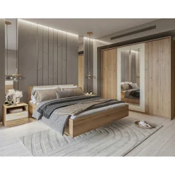 Lit VERTIGO 180x200 cm avec sommier inclus Chene sauvage et beige sable Pied de lit design><noscript><img width=