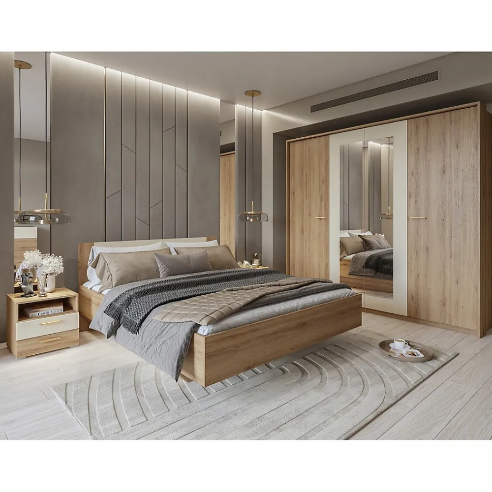 Lit VERTIGO 180x200 cm avec sommier inclus Chene sauvage et beige sable Pied de lit design>Meublorama Discount