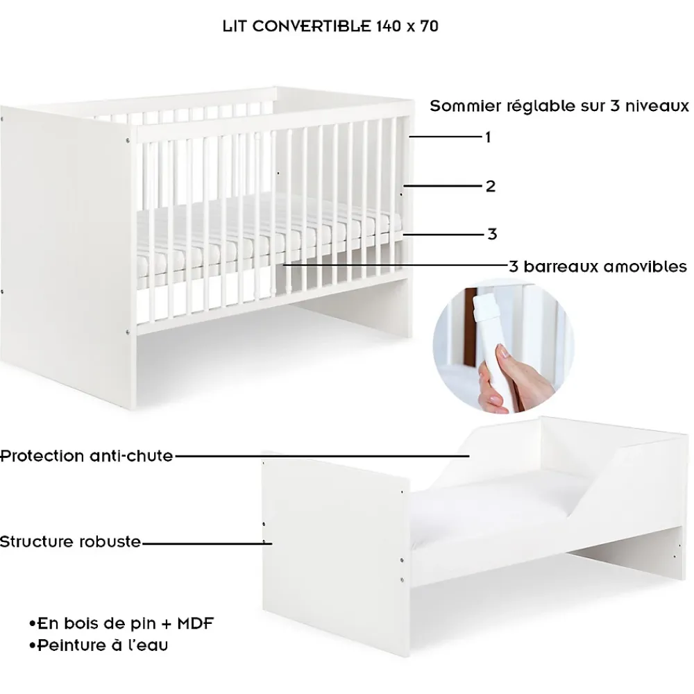 Monmobilierdesign Lit évolutif Bébé Convertible En Lit Enfant Blanc 140x70* Lit Coffre
