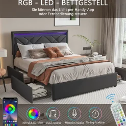 Generique Lit 160x200 avec LED et USB, Lit Double avec à Lattes, Lit capitonné 160x200cm avec 4 tiroirs et Grand Rangement Lit, Gris* Lit Double