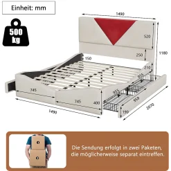 Simple Life Lit 140x190 avec Rangements, Tête de Lit Bicolore Bordeaux, 2 Tiroirs, Design Moderne, Velours, Beige* Lit Coffre