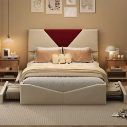 Simple Life Lit 140x190 avec Rangements, Tête de Lit Bicolore Bordeaux, 2 Tiroirs, Design Moderne, Velours, Beige* Lit Coffre